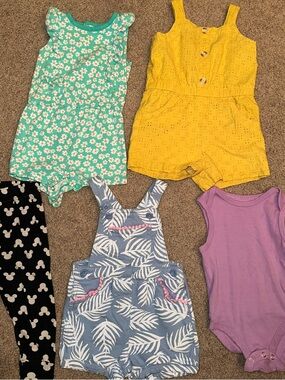 Carter's Yellow Eyelet Button Romper BUNDLE OF 5 items; 4 Rompers 1 pans